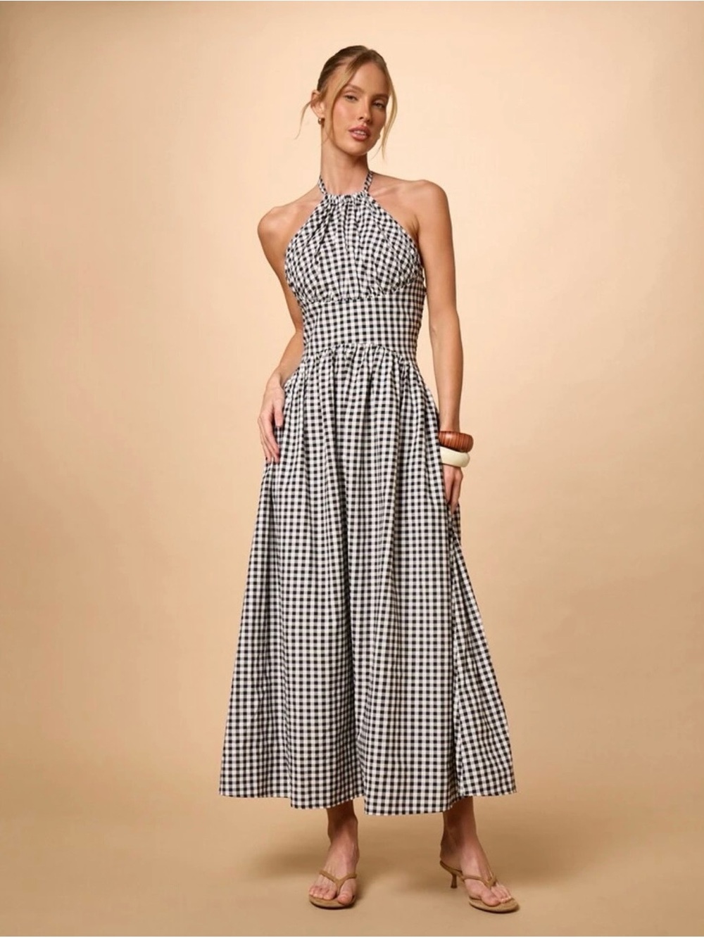 Gingham Halter Maxi Dress - Black & White